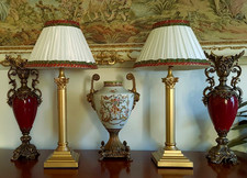 Coppia - Lampade da tavolo + paralumi in ottone stile antico inglese colonna corinzia