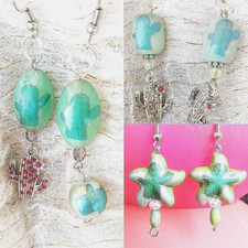 Lotto 3 orecchini CACTUS. Perline vetro fimo decorate a decoupage con cactus.