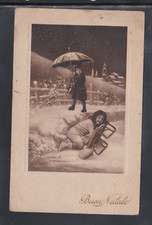 Cartolina Buon Natale Bambini Slitta Ombrello Paesaggio Neve Z1646A