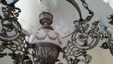 lampadario a sospensione vintage  in ceramica e bronzo con putti, 7 luci,  mai u
