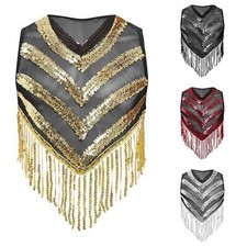 Mens Glittery Sequin Crop Tops  Sheer Mesh Sequin Tassel Vest Tank Clubwear