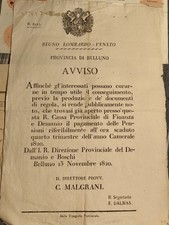 1820 Regno LOMBARDO VENETO Belluno Avviso Pagamento Pensioni Presso Vedi Note