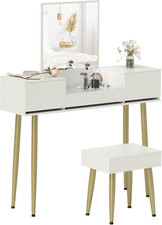 Tavolo Da Trucco Con Specchio Grande, Sgabello, Piano in Vetro Temperato