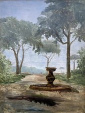 Paesaggio Parco Con Pini E Fontana Probabilmente ROM Italia Dipinto a Olio 1900
