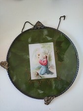 Antica cornice in ottone rotonda con immagine sacra ricordo prima comunione