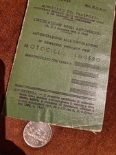 CARTA DI CIRCOLAZIONE DOCUMENTO PARILLA  cm³ 124 Anno 1958 