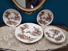 VINTAGE SET DESSERT 7 PIATTI PORCELLANA JOHNSON BROS THE OLD MILL INCISIONE MANO