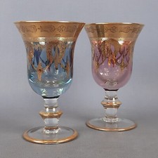 Calici Vetro Murano Lui E Lei Blu E Rosa E Oro 24 Kt Tema Fiori Vintage 1970