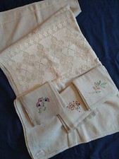 Tovaglia Anni '50, Lino Rustico con Uncinetto, 210x100 Cm, 6 Tovaglioli