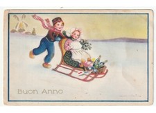 1936 neve bambini slitta cesto natalizio cartolina Buon Anno Nuovo -Difetti