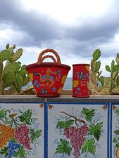 Coppia Cesta e Porta Grissini Con Decorazioni Siciliane PRODOTTO HANDMADE A.T.