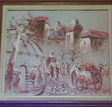 Boris Chezar, quadro medio misto olio e sabbia paesaggio incorniciato, vintage