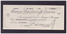 Assegno Bancario Banca Popolare di Cesena 1966 500 L.