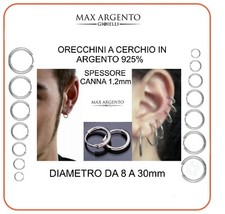 Orecchini a Cerchio Cerchietto in Argento 925% Uomo Donna Diametro 1,2x 8 a 30mm