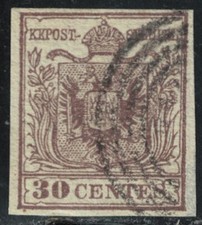 1850 - LOMB. VEN.- 30 CENT. - N. 8b- USATO - DIFETTI CLICHE' - CAT. EURO 45,00++