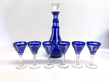 SET BOTTIGLIA ROSOLIO 6 BICCHIERI CRISTALLO MOLATO CUT BLU COBALTO CLEAR GLASS 