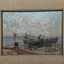 ILIO GIANNACCINI Quadro originale impressionista italiano “Pescatori a Napoli…”