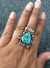 Anello Nativi Americani Navajo Atza Sterling Turchese Corallo Misura 9
