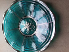 VINTAGE ANTICO PIATTO CENTROTAVOLA IN VETRO VERDE CON FREGI DOTATI PRIMO 900