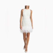 Minidress in tweed metallizzato con bordo in piuma Milly Raven nuovo senza etichette, US4/UK8