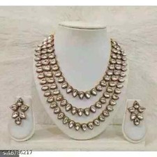 Set gioielli collana da sposa Kundan placcata oro indiano lungo perle strati