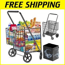 Carrello della spesa pieghevole resistente 455 libbre con doppio cestino e fodera impermeabile