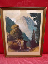 Bellissimo, Vecchio Quadro Aquarello Mulino Ad Acqua In Montagna Firmato!