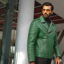 Giacca Motociclista Elegante Uomo Fatta a Mano Nuova Vera Pelle di Agnello Causale