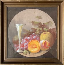 Acquerello Natura Morta Rotondo Con Calice Champagne Uva Zucca Anonimo Um 1900