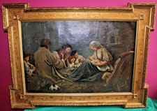 L68-NATIVITA'-OLIO SU TELA 1800-FIAMMINGO NATALE SACRO RELIGIONE CORNICE REGALO