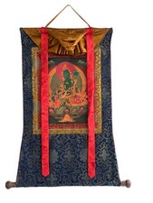 TARA THANGKA VERDE ORIGINALE | VECCHIO DIPINTO BUDDISTA VERNICE AD OLIO CON CORNICE IN SETA