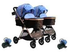PASSEGGINO TRIO 3in1 DOPPIO/GEMELLARE PER DUE BLU CON 2 OVETTI AUTO