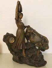 Scultura Terracotta Con Orologio JUNGHANS 900 Contadina Con Vacca  54 Cm Vintage
