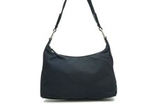 Borsa A Spalla Hobo PRADA Logo Tessuto Nylon Pelle Patinata Blu 4127H