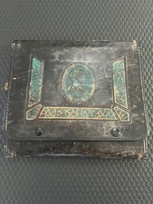 Antico set manicure in bachelite/celluloide 14 pezzi con strass e custodia in pelle da viaggio