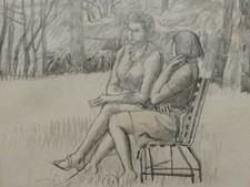 BRUNO BARATTI DISEGNO ORIGINALE PESARO DONNA DONNE CHIACCHIERE GIARDINO SN