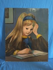 G Carpanini Dipinto Olio Su Tavola Bimba Che  Scrive Piccola Studentessa 1975