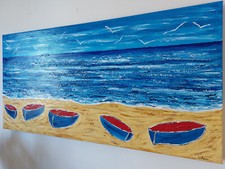 QUADRO PAESAGGIO MARE BARCHE DIPINTO A MANO MATERICO 1 metro x50x4cm RIF122