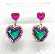 Orecchini pendenti moda rosa rosa verde cuore cristallo strass