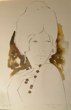 Litografia acquarellata di Mario Piergiovanni - Ritratto di donna