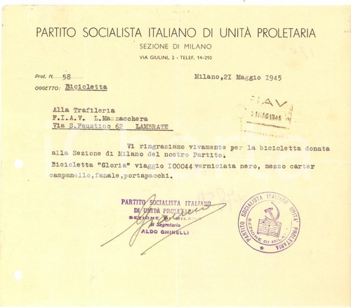 1945 milano psiup lettera - lettera, aldo