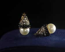 Orecchini Dormeuse Dorato Antico False Perla Bianca Nero Matrimonio ET9