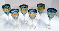 Bicchieri da vino (6) cristallo veneziano dorato oro italiano blu verde soffiato a mano vintage