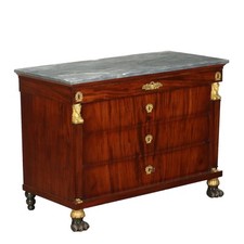 Cassettone Antico Comò Impero Mogano Noce Piano Marmo Italia XIX Sec 3 Cassetti