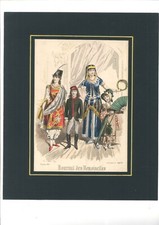 LOTTO (MA10A) 4 STAMPE ANTICHE + PASSEPARTOUT ABBIGLIAMENTO MODA COLORATE A MANO