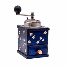 Macina Caffè Vintage In Legno Con Manovella E Decorazione Floreale Blu | 21 Cm