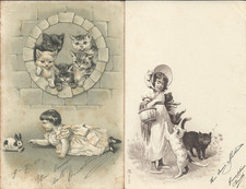 Bambini con Gattini, lotto n. 2 cartoline, anno 1901- 1903, viaggiate rilievo