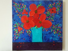 QUADRO MODERNO ASTRATTO DIPINTO A MANO VASO CON FIORI PAPAVERI 50x50x4cm RIF93