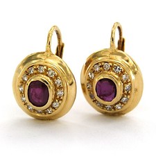 Orecchini pendenti a leva oro giallo 18 kt rubino naturale e DIAMANTE aureola vintage