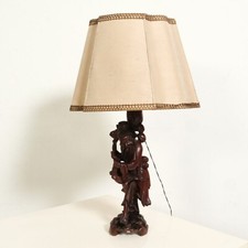 Lampada da tavolo con scultura in legno cinese, arte orientale paralume tessuto